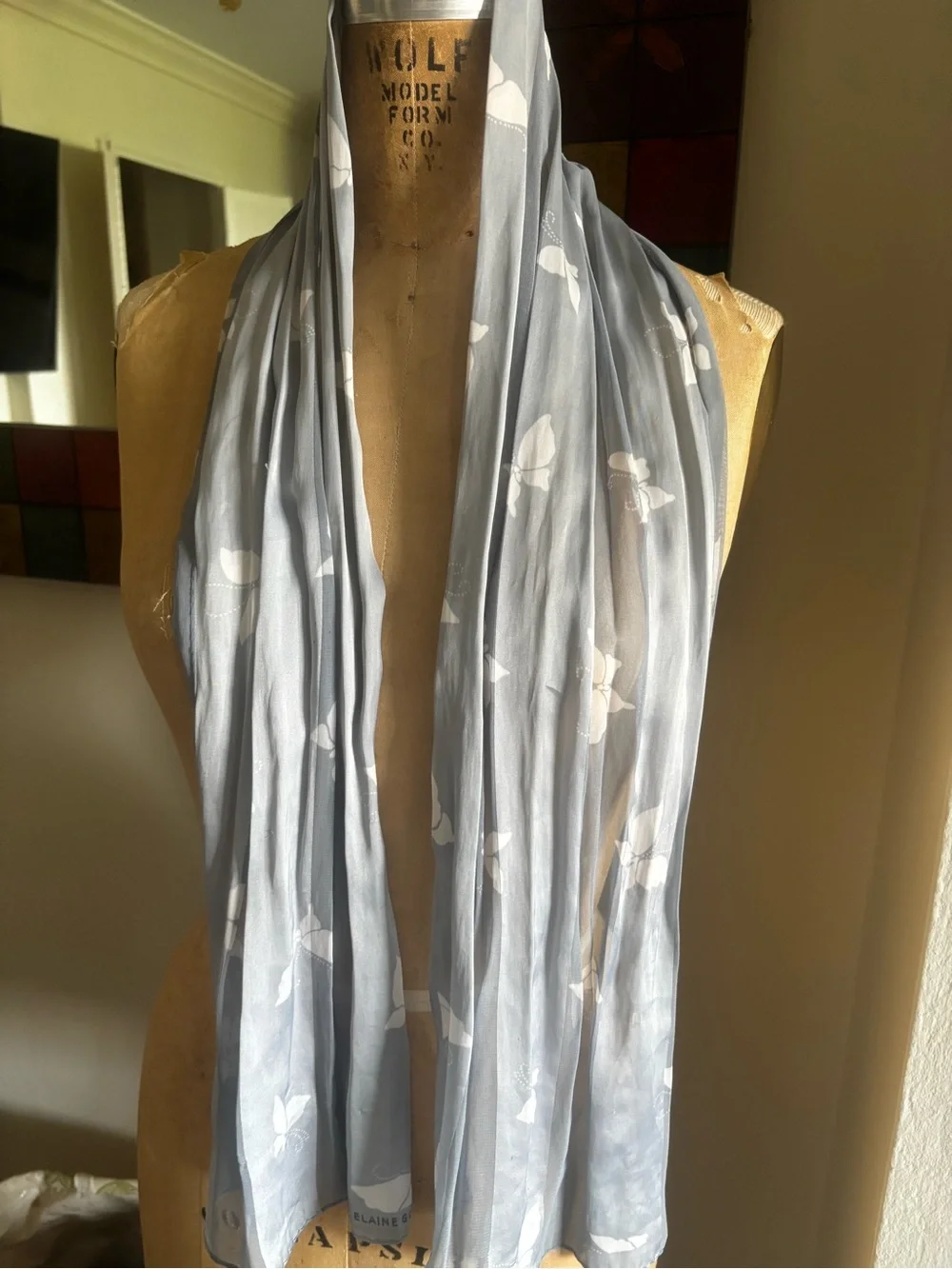 Vintage Butterfly Scarf 11”x52” Lavender White Satin Stripes